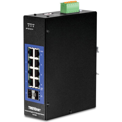 TRENDnet TI-G102i 10-Port Ethernet Switch, 8 Gigabit ethernet ports, 2 Gigabit SFP slots, 20 Gbps switching capacity, DIN-rail/wall mount
